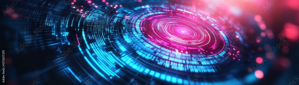 Poster vibrant blue and pink spiral design illuminated by a striking red light creating a dynamic and capti