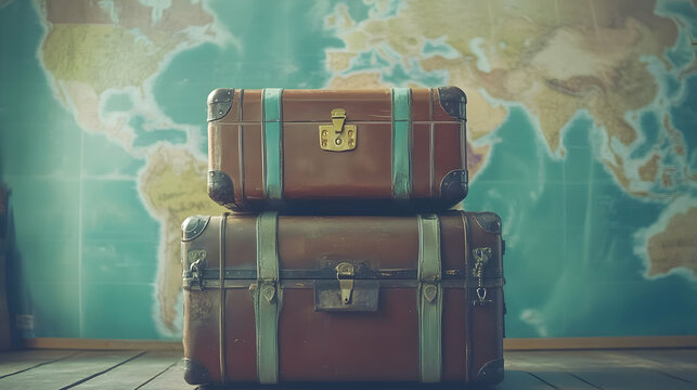 Vintage suitcases near world map, travel planning