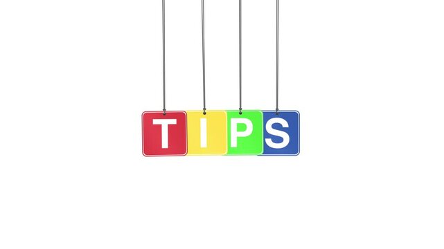 "Tips" word or text hanging and bouncing animation on a white background and green screen. Represents advice, guidance, and useful information