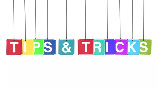 "Tips and Tricks" word or text hanging and bouncing animation on a white background and green screen. Represents advice, strategies, and clever solutions