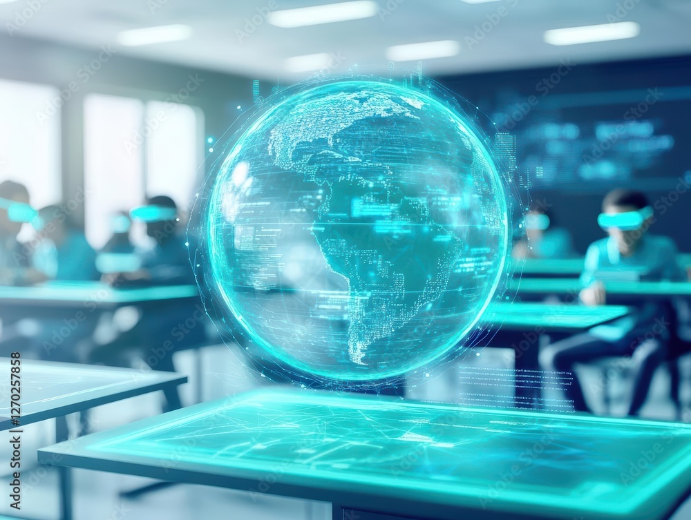 Poster a vibrant globe surrounded by diverse people engaged in conversation against a softly blurred urban 