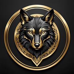 A wolf head surrounded by a gold circle on a black backdrop.