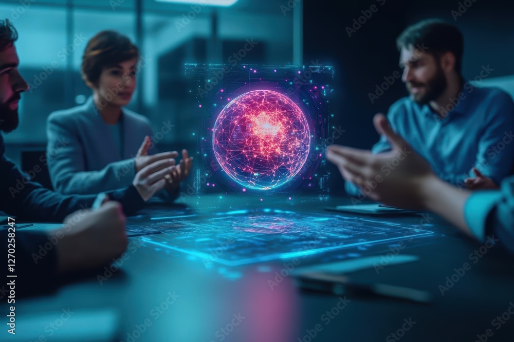Poster two individuals engaged in deep discussion while observing a digital sphere on a table creating a th