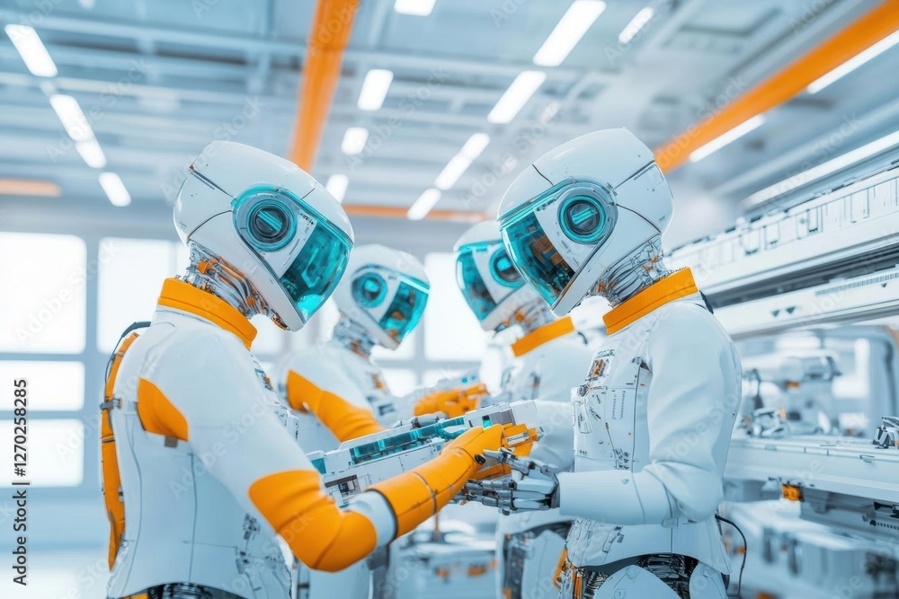 Poster two futuristic robots collaborating on complex machinery inside a high-tech factory environment emph