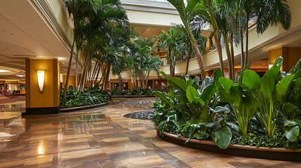 Fototapeta premium Lush indoor atrium, hotel lobby, tropical plants, relaxing ambiance, travel brochure