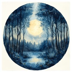 Watercolor painting of a peaceful forest under the glow of a full moon, on isolated white background