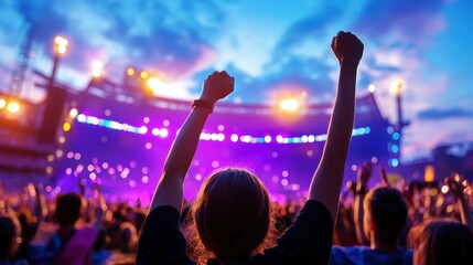 A vibrant crowd at a concert with raised hands, illuminated by colorful stage lights against a twilight sky.
