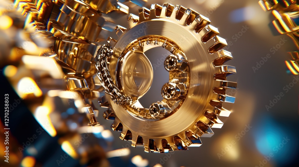 Poster intricate gold gears and chain interplay in a dynamic arrangement showcasing precision engineering a