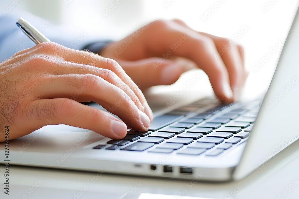 Aufkleber focused hands typing on laptop keyboard creating content in bright office workspace