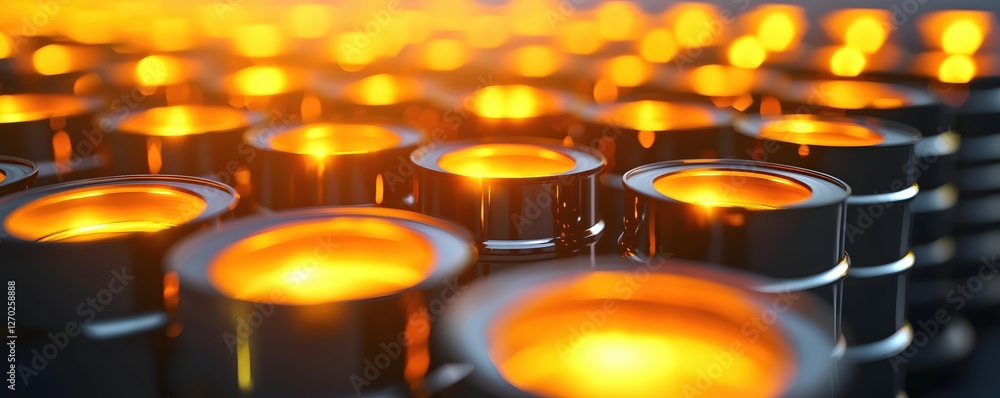 Aufkleber abstract array of glowing cylinders with warm light and reflective surfaces in dark setting
