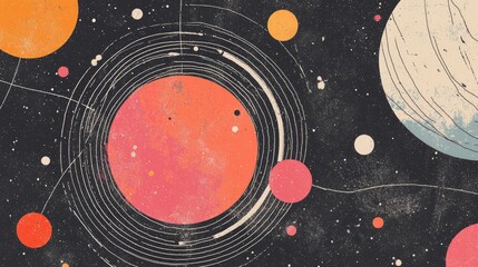 Obraz premium Abstract cosmic illustration featuring colorful planets and swirling orbits against a dark backdrop