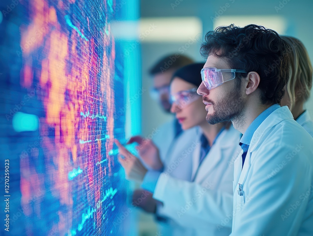 Poster two scientists analyzing data on a computer screen in a modern laboratory setting surrounded by adva