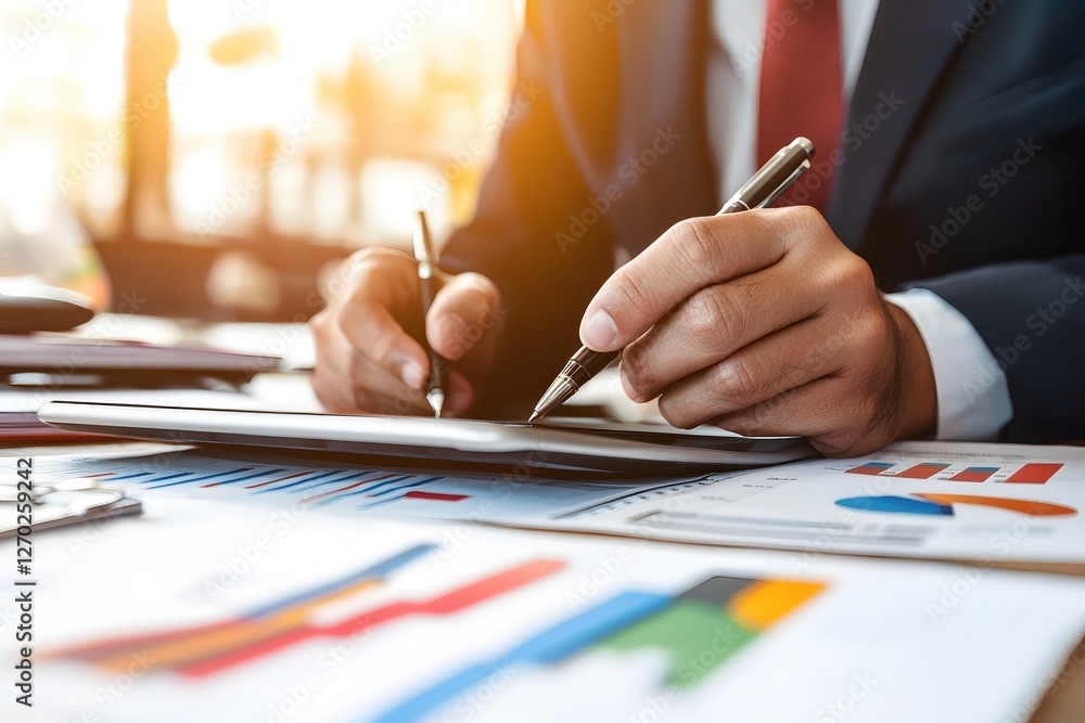 Poster executive analysis of financial data with charts and graphs for strategic decision making