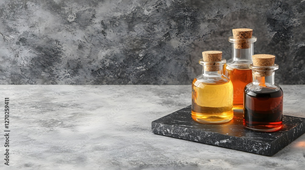 Poster three glass bottles with corks filled with different colored liquids on a marble slab against a gray