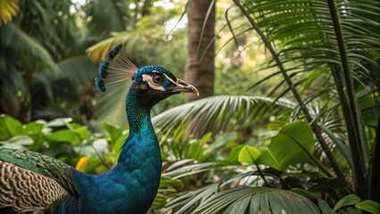 Obraz premium Stunning Portrait of a Peacock Head in Malaysia's Lush Landscape: Vibrant Colors, Exotic Wildlife, Nature Photography, Tropical Flora and Fauna, Breathtaking Scenery, Wildlife Close-Up