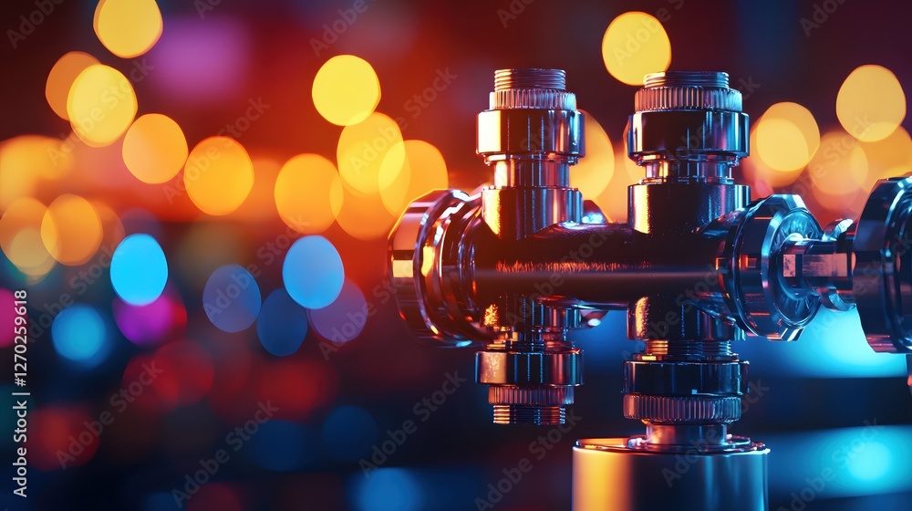Poster chrome plumbing fixture with bokeh lights background showcasing modern design and engineering precis