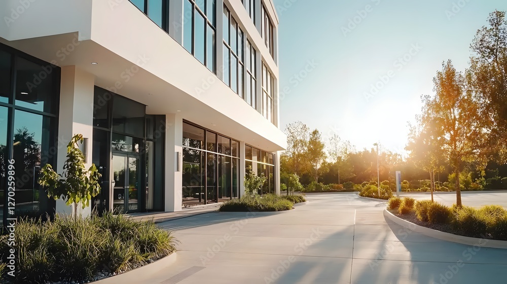 Poster modern architecture and landscaping at office building with sunlight and trees in background