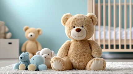 Obraz premium Adorable teddy bear with other plush toys in a nursery.