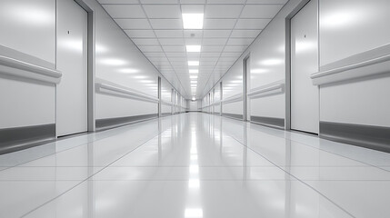 Fototapeta premium Blurred hospital corridor background, medical clinic hallway with soft focus, sterile healthcare environment, professional medical setting