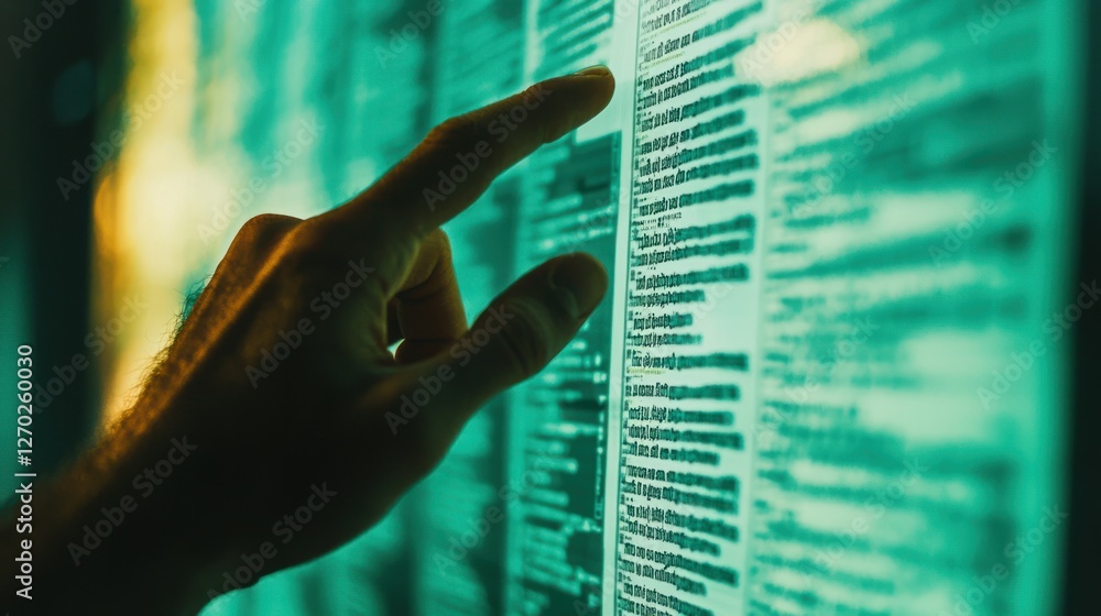 Poster close-up of finger touching digital screen with data display