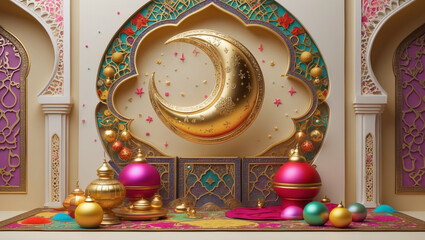 A luxurious Ramadan eid mubarak greeting card featuring a golden crescent moon with intricate patterns, glowing lanterns, and the text 'Ramadan Kareem' in elegant Arabic calligraphy