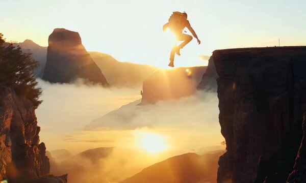 Silhouette of Person Jumping from Cliff at Sunset