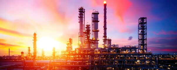 Fototapeta premium Dramatic sunset over industrial refinery complex with vibrant sky and detailed architecture