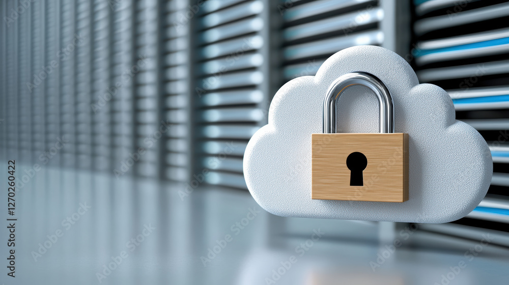 Poster digital lock icon hovering over cloud system symbolizes security
