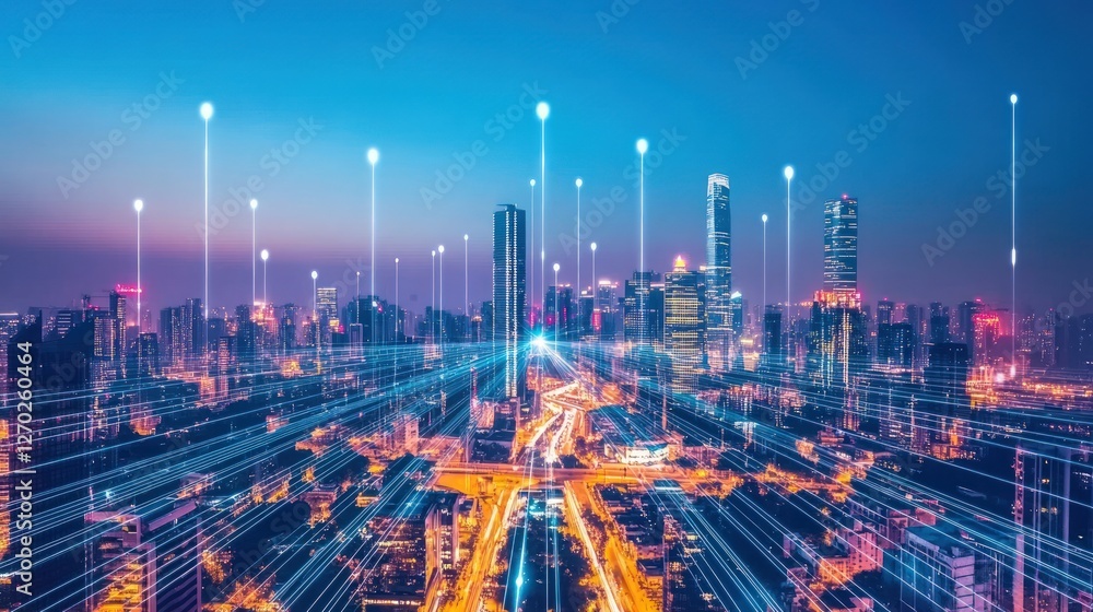 Poster futuristic cityscape depicting data streams and communication network technology