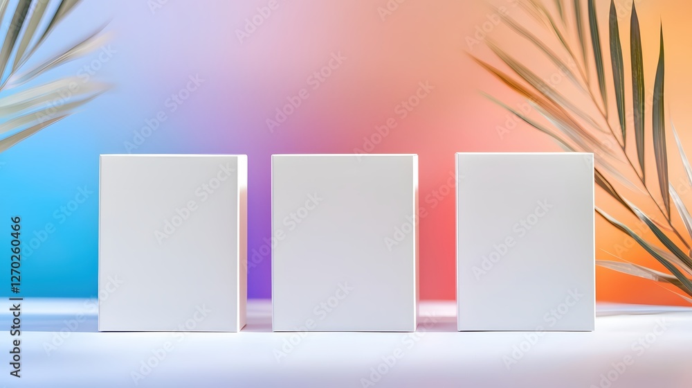 Poster minimalist white boxes with palm leaves on gradient background for product display mockup