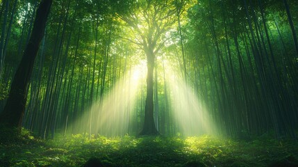 Obraz premium Sunlight beams through lush green forest