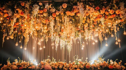 Elegant Floral Arrangement with Hanging Lights for Wedding or Event