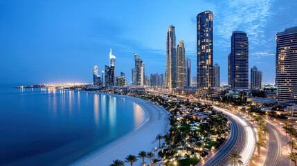 Obraz premium stunning city skyline at dusk with illuminated buildings and beach view