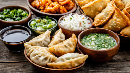 Delicious street food assortment with dumplings, samosas, and sauces