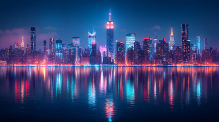A city skyline is reflected in the water