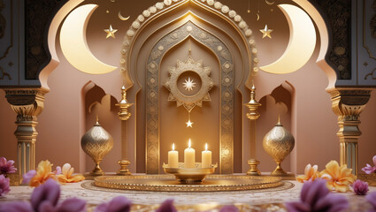 A luxurious Ramadan eid mubarak greeting card featuring a golden crescent moon with intricate patterns, glowing lanterns, and the text 'Ramadan Kareem' in elegant Arabic calligraphy