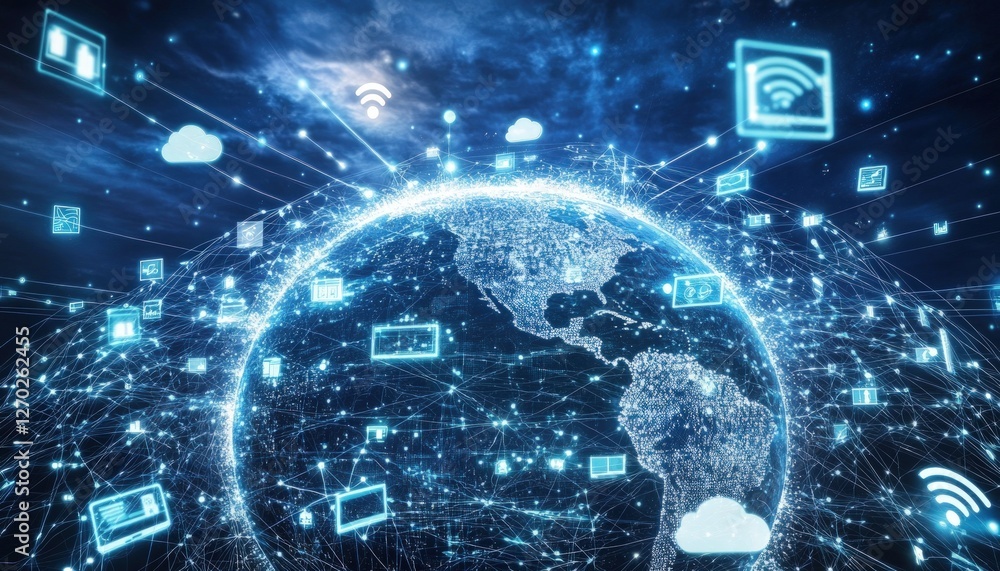 Poster digital world showing global network connections and cloud computing