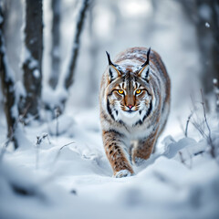 Majestic Lynx Strolling Through Snowy Forest Landscape in Winter
