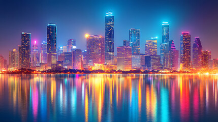 Fototapeta premium A city skyline is reflected in the water