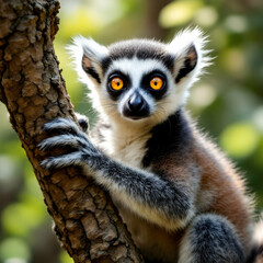Obraz premium Curious Lemur with Bright Eyes Sitting on a Tree Branch in Nature