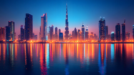 Fototapeta premium A city skyline is reflected in the water