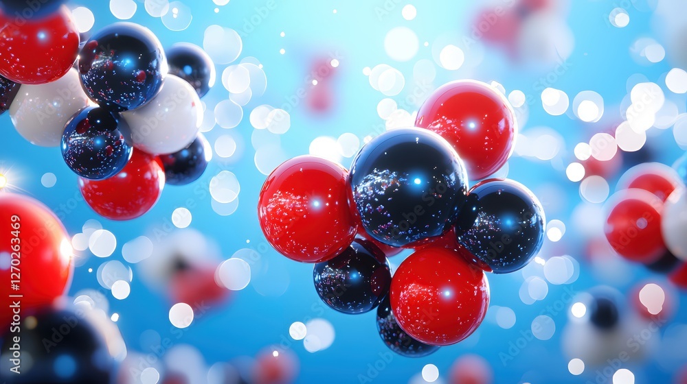 Aufkleber abstract spheres floating in light blue space with bokeh effect and red white black color palette