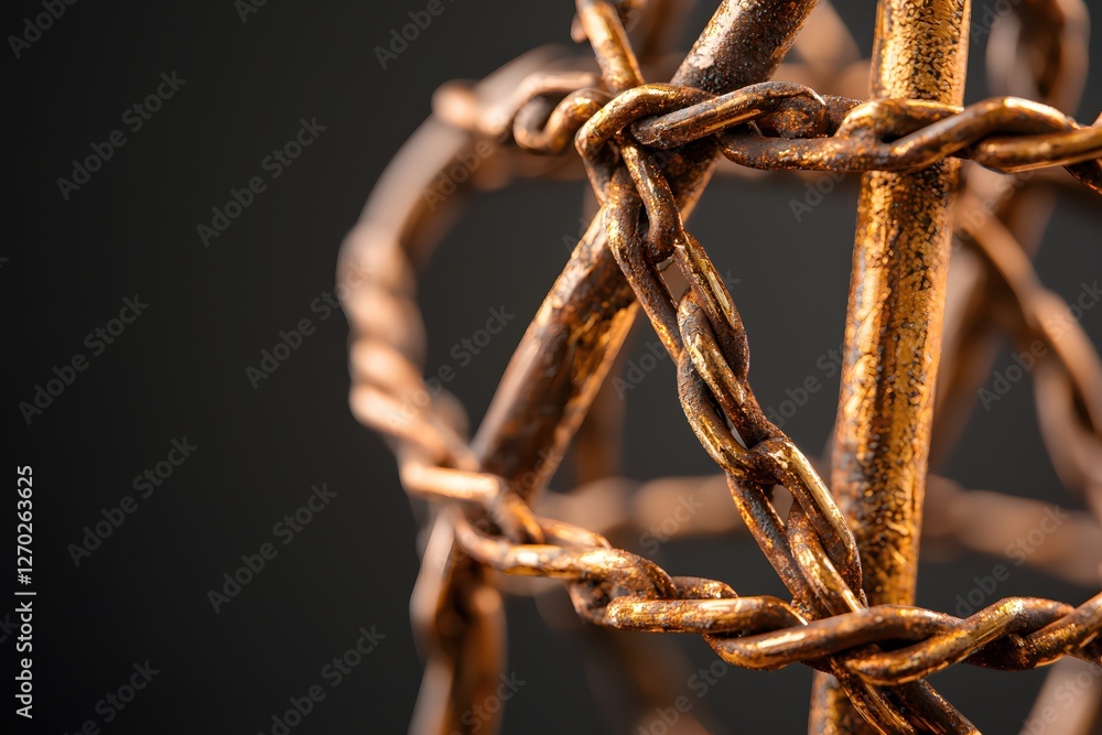 Poster detailed close up of a rusted metal chain with a dark background showing texture and detail