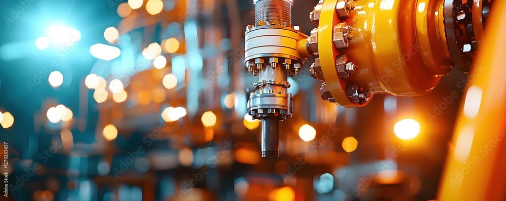 Poster industrial pipeline detail with valves and flanges in a factory setting showcasing precision enginee