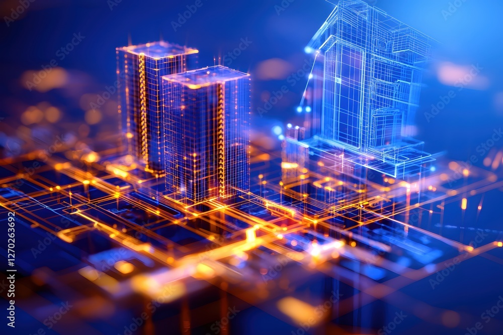 Poster blueprint of modern architecture with glowing lines and futuristic design in blue and orange