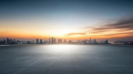 A contemporary car plaza with a skyline reflecting the first light of dawn. Featuring optimism and renewal