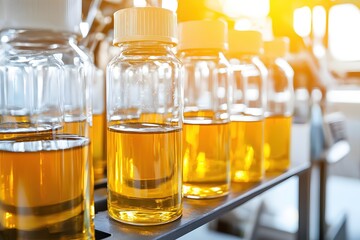 Row of Laboratory Glass Bottles Filled with Golden Liquid on Metal Shelf in Bright Sunlight