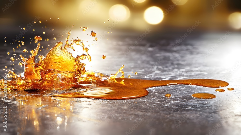 Poster dynamic splash of amber liquid on a reflective surface creating a captivating and energetic visual w