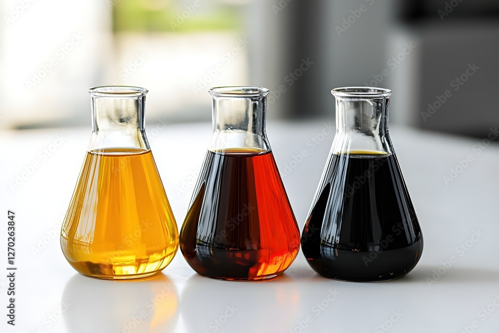 Poster three flasks filled with different colored liquids in a bright laboratory setting