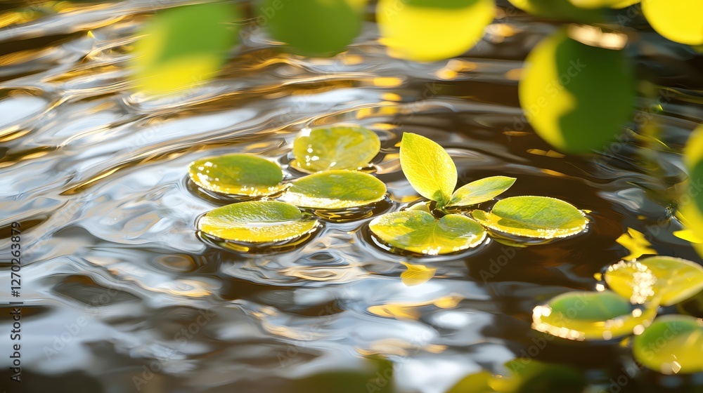 Aufkleber serene water surface with floating green leaves reflecting sunlight creating a tranquil nature scene